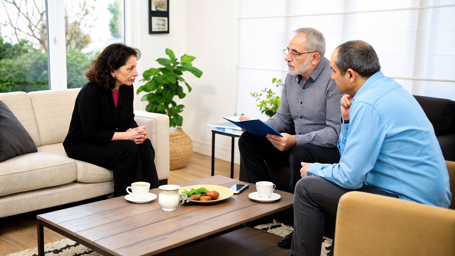 שלושה אנשים יושבים בסלון לשיחה רצינית, ככל הנראה על ענייני ירושה או הסכם משפטי.