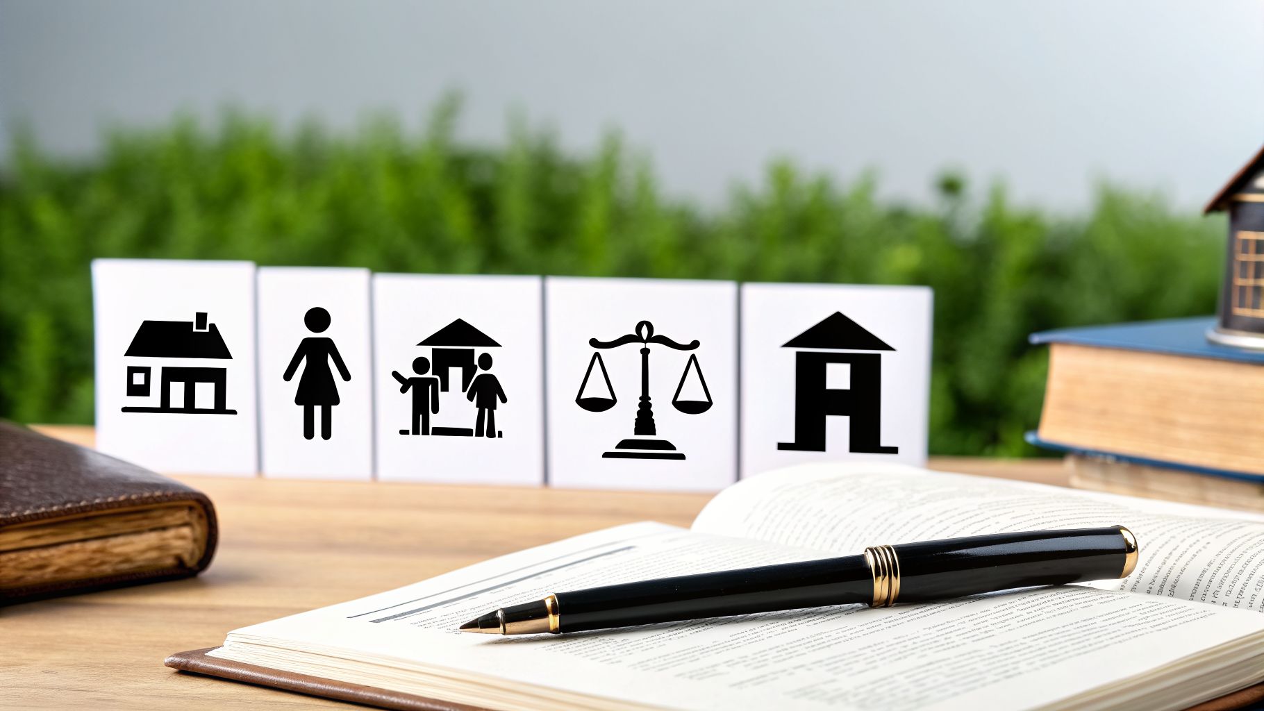 תצוגה של כרטיסים עם אייקונים של בית, אישה, משפחה וצדק, עם ספרים ועט על שולחן עץ.