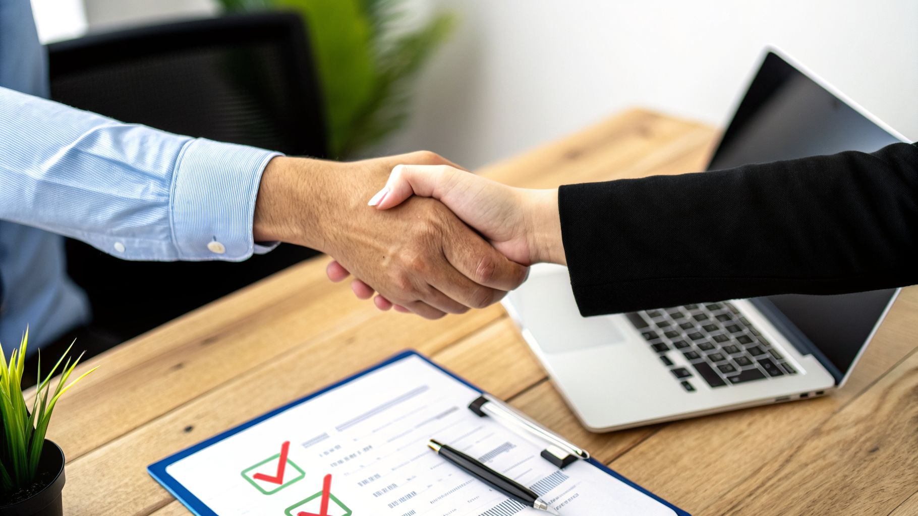לחיצת יד עסקית בין גבר לאישה על שולחן עץ עם מסמכים ומחשב נייד בפגישה חשובה.