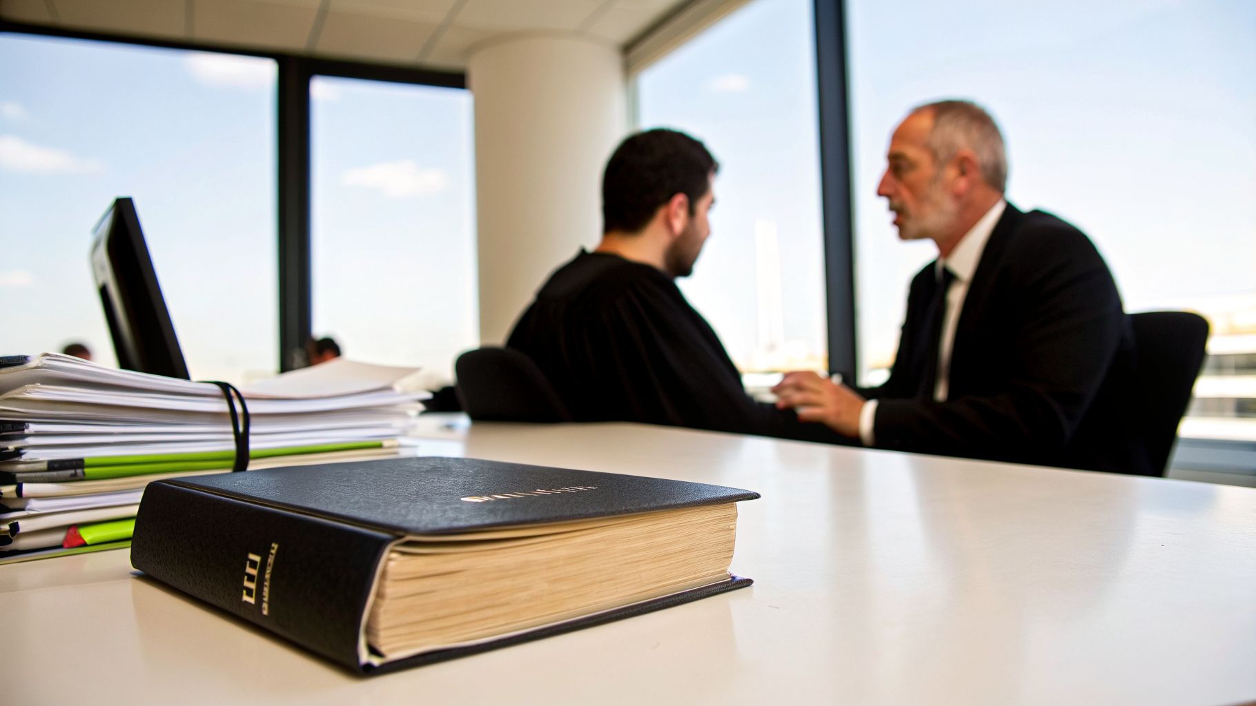 פגישת ייעוץ משפטי בין עורך דין ללקוח במשרד מודרני, עם ספרים על השולחן.
