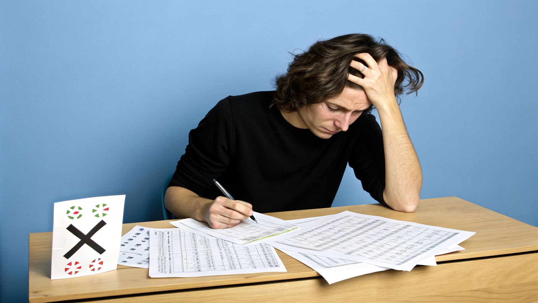 גבר צעיר עם שיער כהה כותב על מסמכים מרובים על שולחן עץ, נראה מרוכז או מתוסכל.