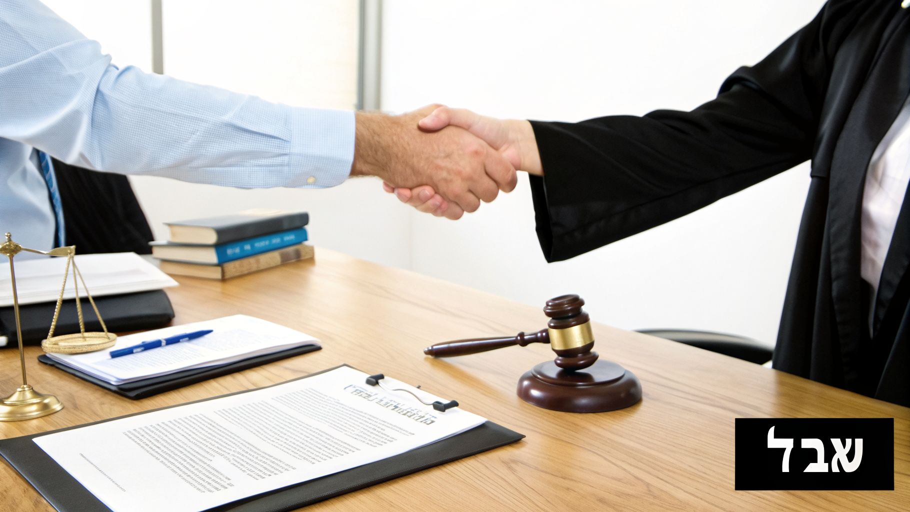 שני אנשים לוחצים ידיים במשרד עורכי דין, עם ספרי משפט, פטיש שופט ומסמכים על השולחן.